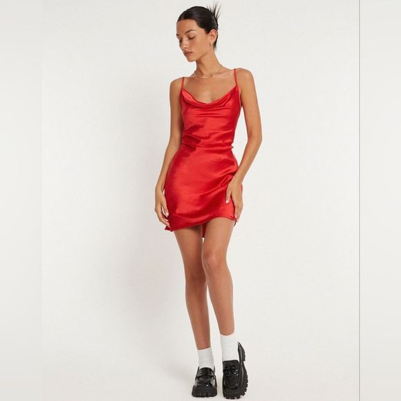 MESHKI Corvette Red Silky Satin Cowl Neck Corset Back Tie Mini Dress Size XS - Picture 11 of 12